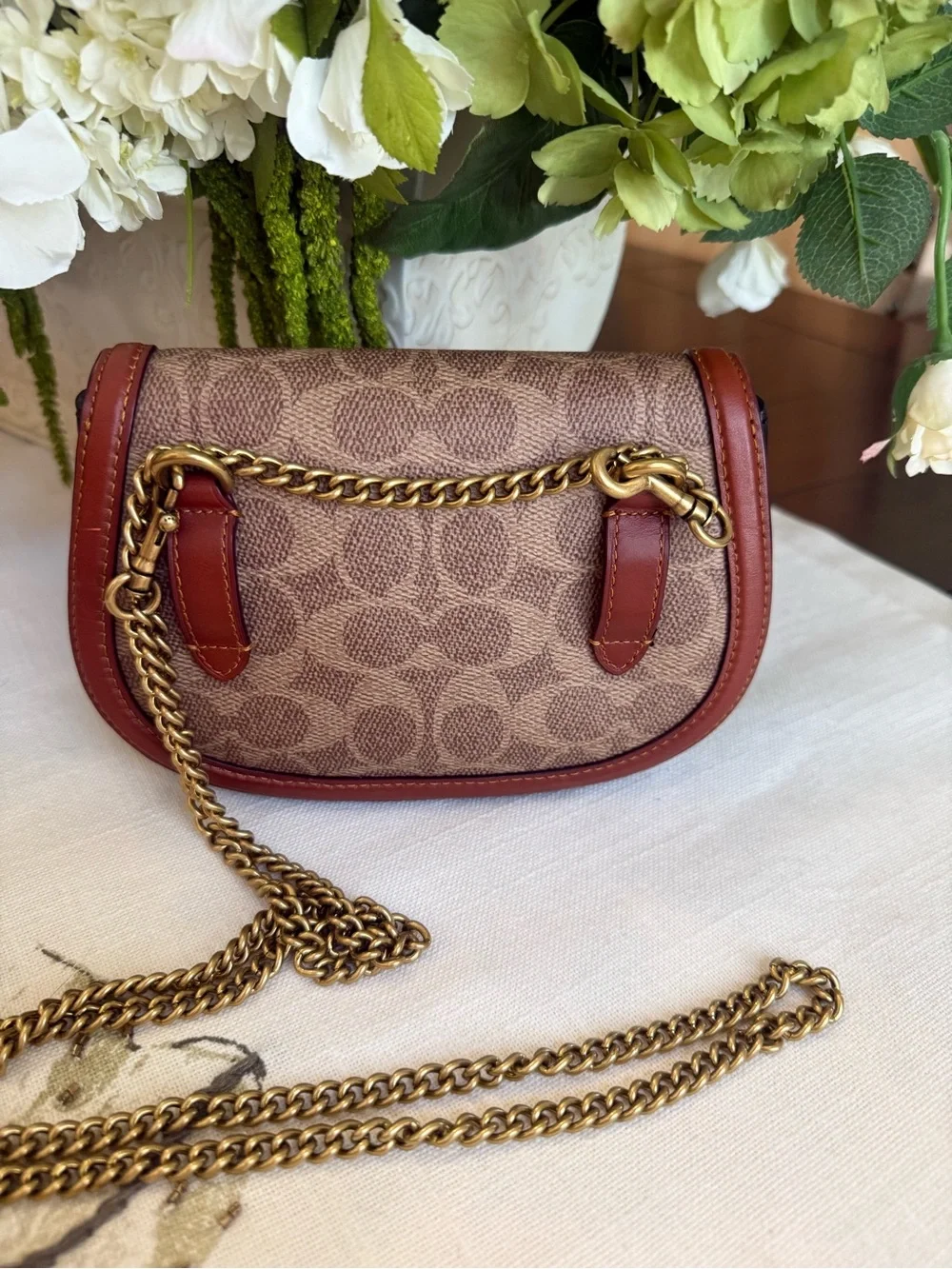 Coach Small Signature Crossbody in Tan and Brown with Gold Chain